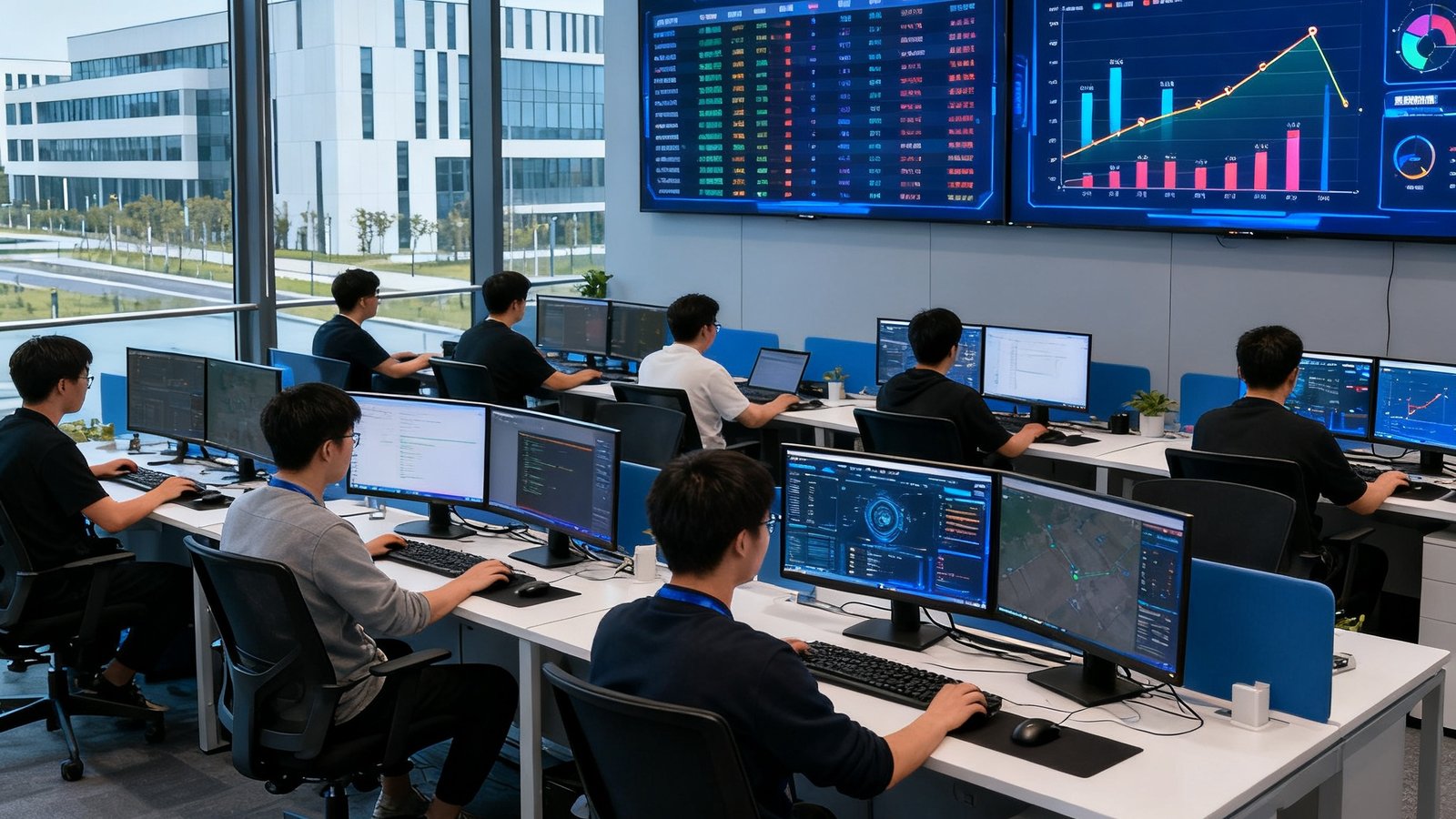 MK体育上海办公室的开放式工作区，二十多位分析师坐在双屏幕工作站前专注工作，墙上的大屏幕实时滚动着全球各大联赛的比赛数据和战术分析图表，窗外是张江科技园的现代建筑群